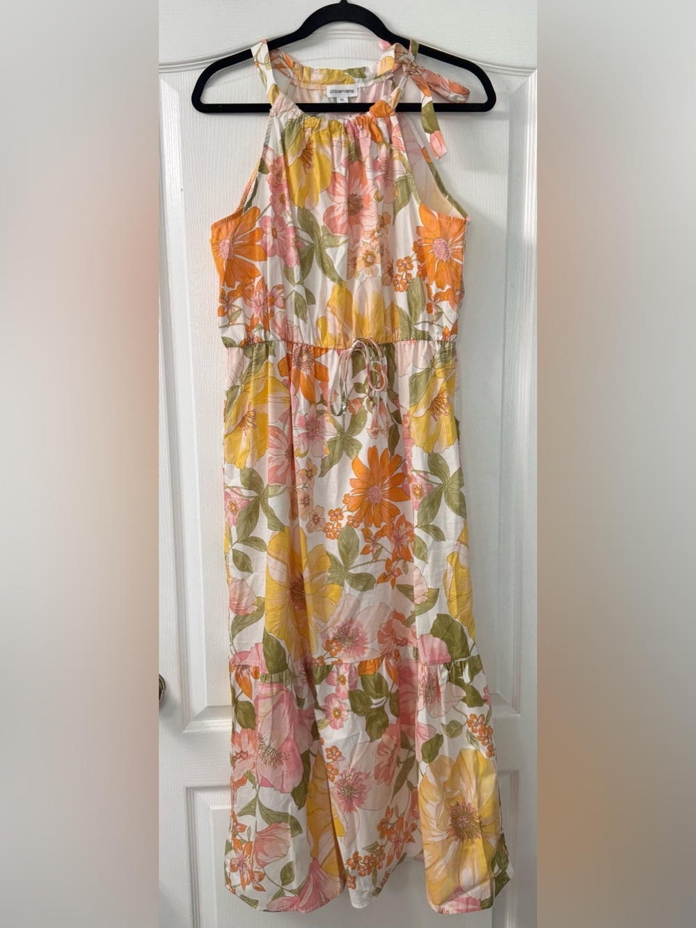 Chloe + Rene floral halter midi dress featuring a vibrant botanical print